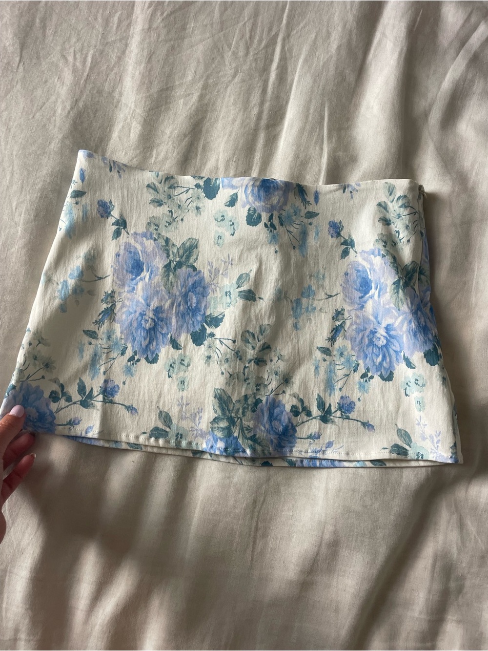 Blue Blush White Mini Skirt with Soft Blue Floral Print